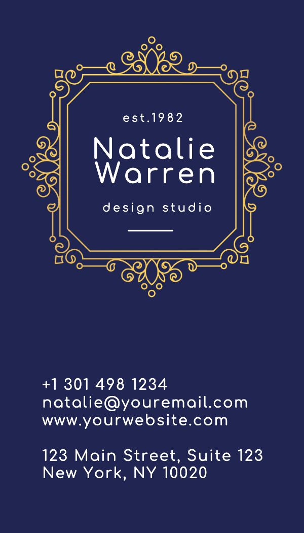 Navy and Gold Ornate Frame Business Card business card template