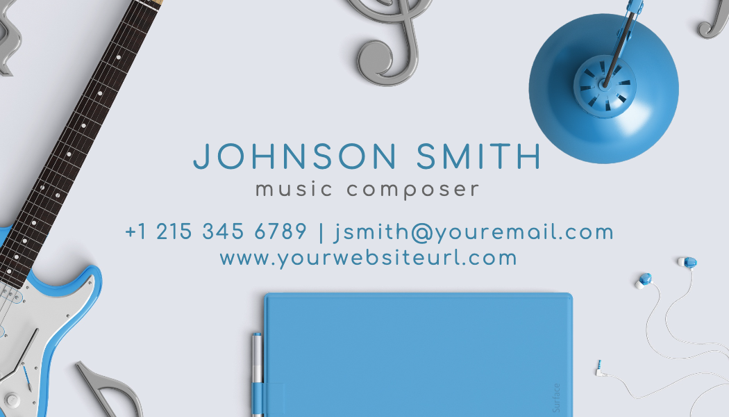 Blue Flat Lay Music Composer Business Card business card template