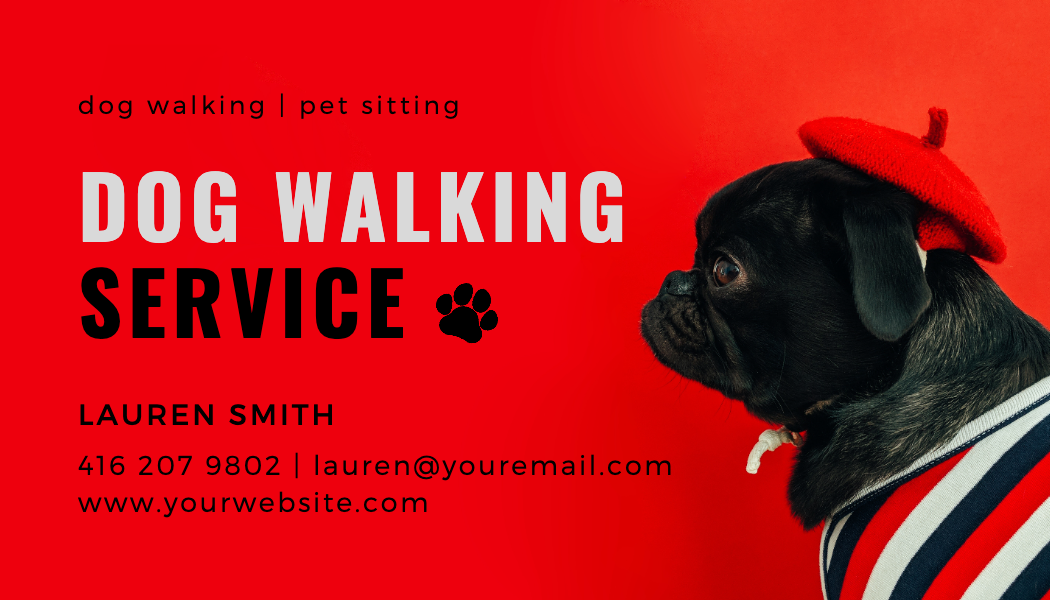 Red Beret Pug Dog Walking Business Card business card template