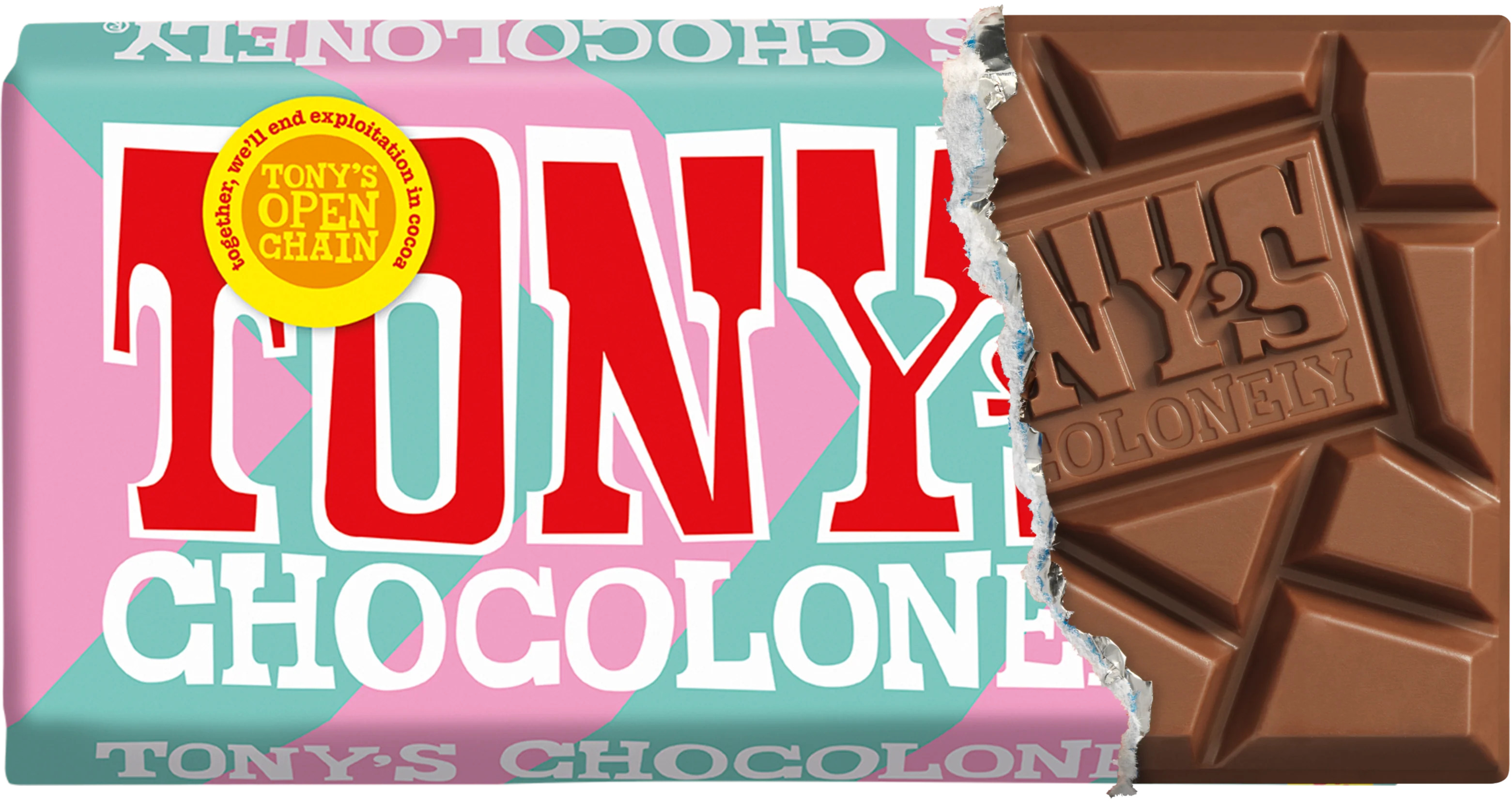 Tony's Chocolonely milk chocolate bar with the wrapper torn open to reveal uneven embossed Tony's Chocolonely chunks and a Tony's Open Chain seal