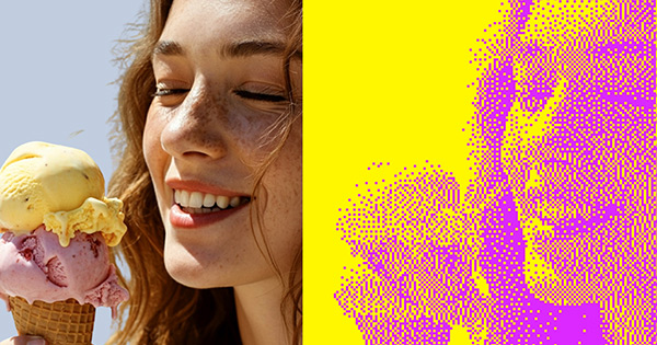 Portrait and ice cream converted to pink-and-yellow halftone artwork