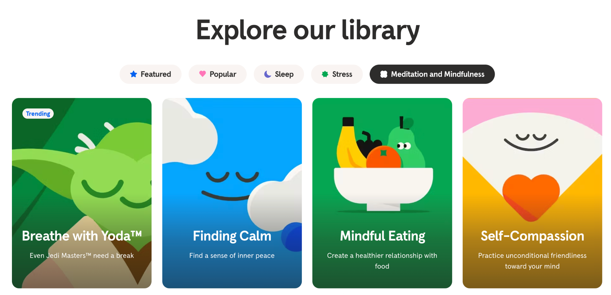 Calm app's Explore our library screen with illustrated meditation cards for breathing, finding calm, mindful eating, and self-compassion