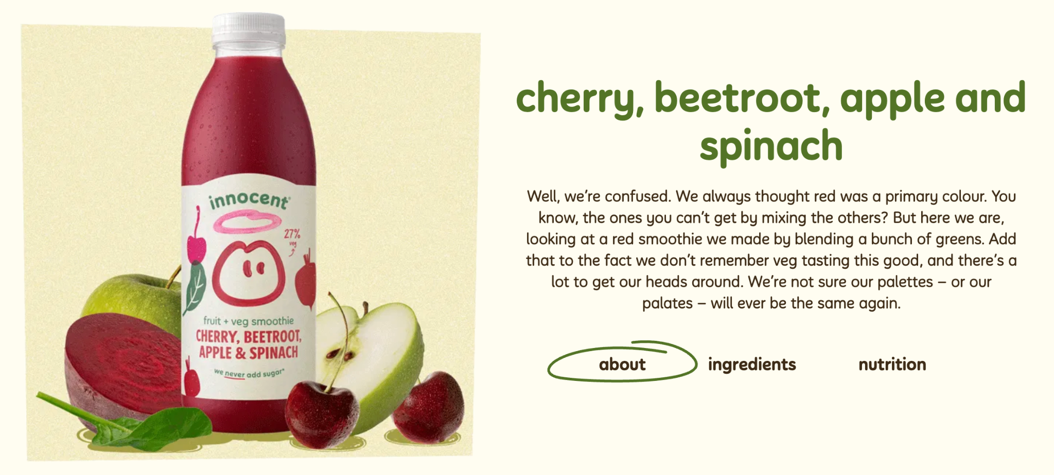 Innocent Drinks cherry, beetroot, apple, and spinach smoothie bottle next to its playful product page copy