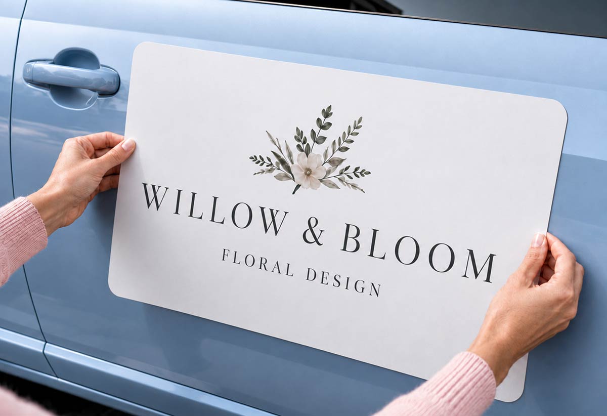 Custom printed car magnet displayed on a vehicle door