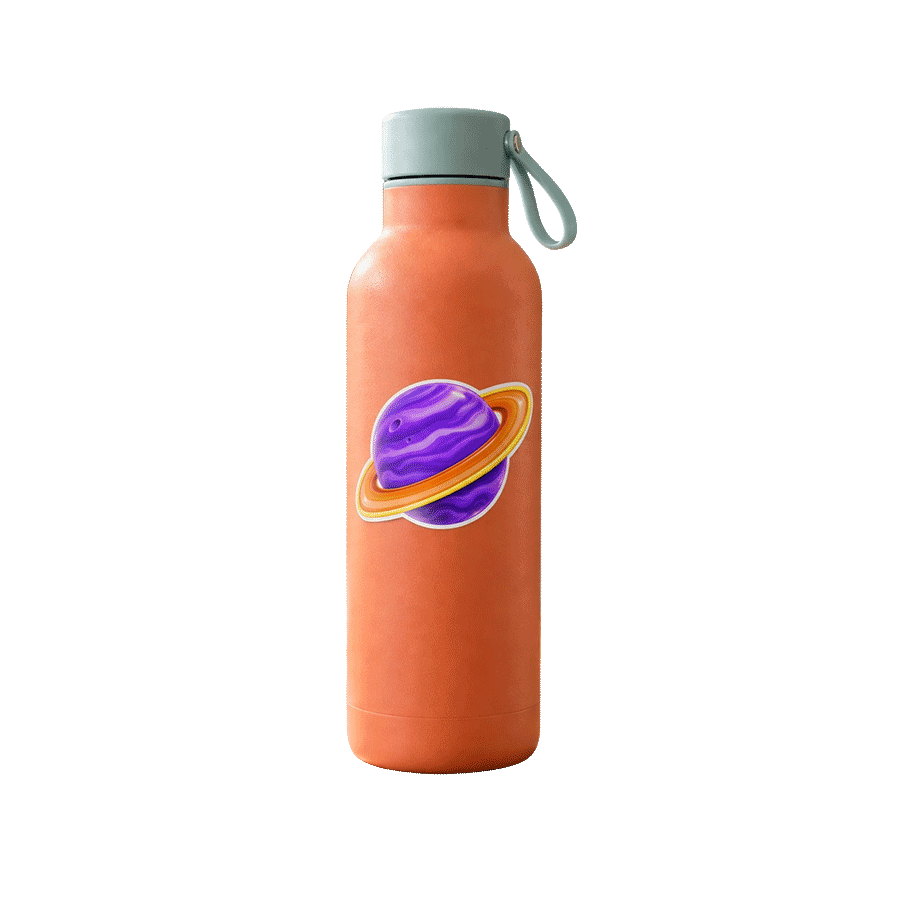 Coral water bottle with a purple planet sticker isolated on white for a product listing