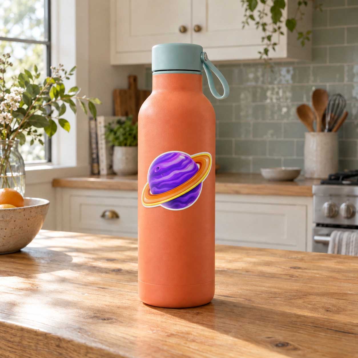 Coral water bottle with a purple planet sticker and mint cap on a kitchen counter