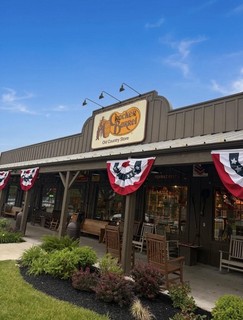 The iconic porch and rocking chairs outside a Cracker Barrel store