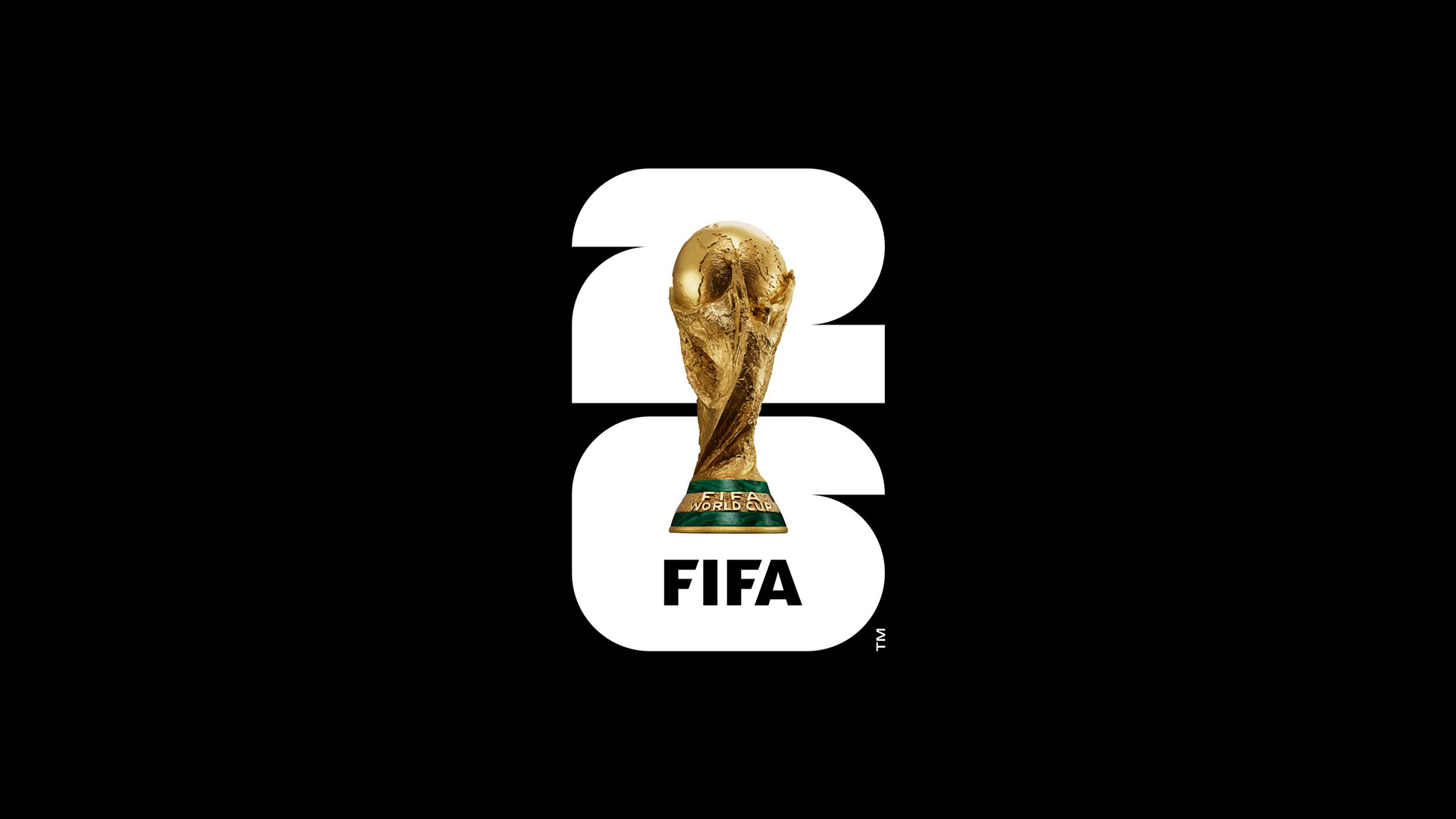 FIFA World Cup 2026 primary emblem: the gold World Cup trophy set inside a white numeral 26 on a black background
