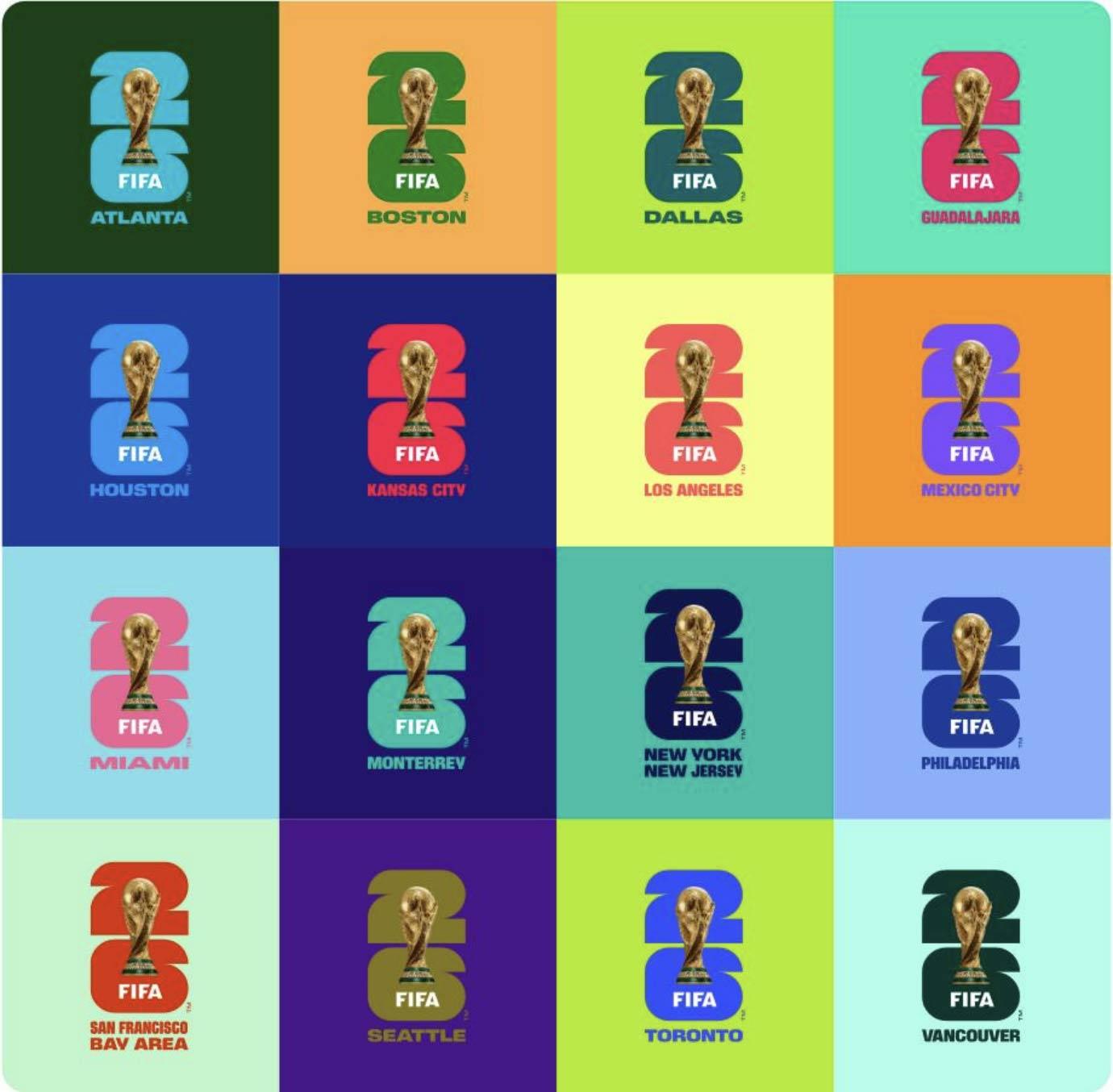 Grid of all 16 FIFA World Cup 2026 host city logos, each built on the 26 mark in its own colour scheme