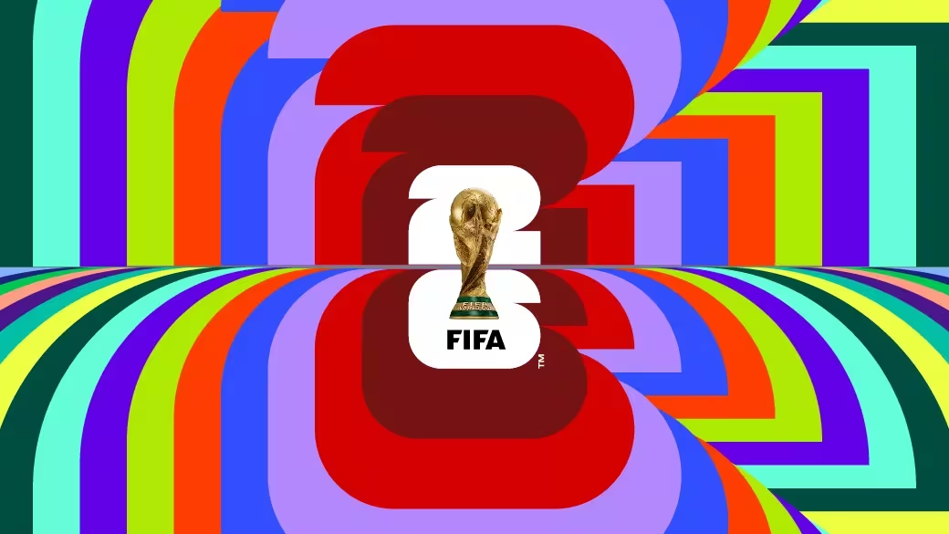 Multicolour version of the FIFA World Cup 2026 emblem set against a repeating rainbow-striped 26 pattern