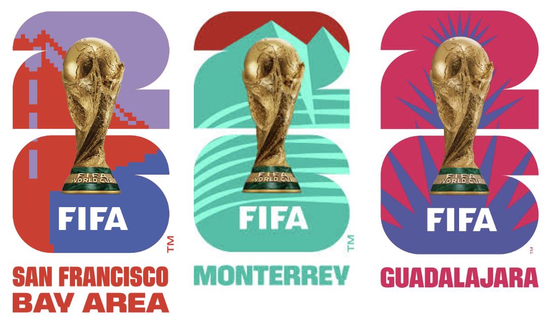 FIFA World Cup 2026 host city logos for San Francisco Bay Area, Monterrey, and Guadalajara built on the shared 26 structure