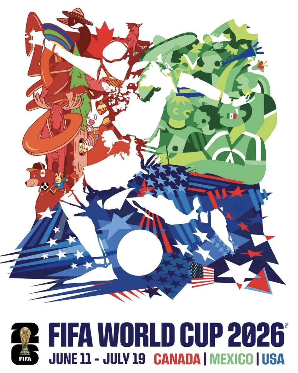 The official FIFA World Cup 2026 tournament poster, illustrated in red, green, and blue for Canada, Mexico, and the USA