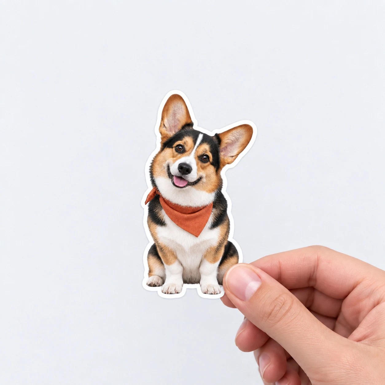 Hand holding a corgi sticker with a white die-cut border