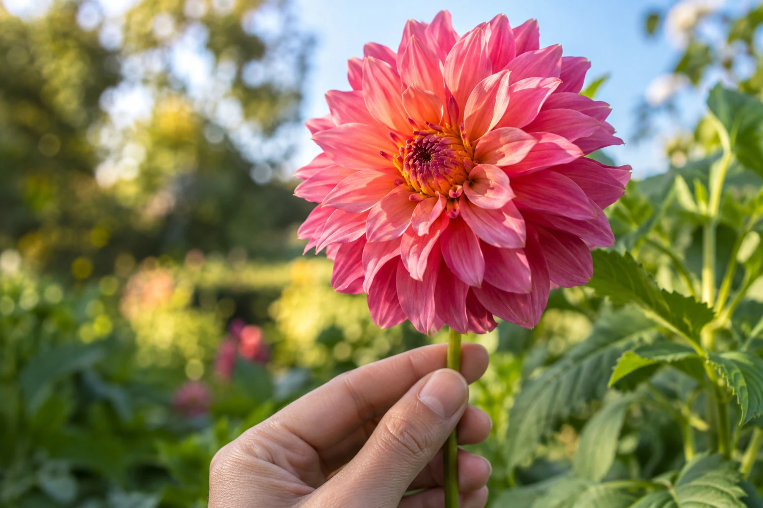 Hand holding a pink dahlia in a garden, used for the enlargement demonstration