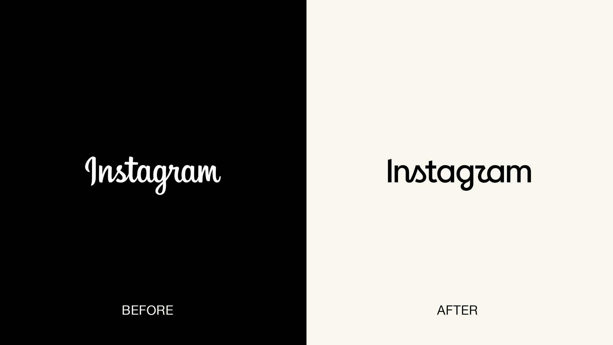 Instagram's wordmark before and after, the 2016 cursive script beside the 2026 hybrid version