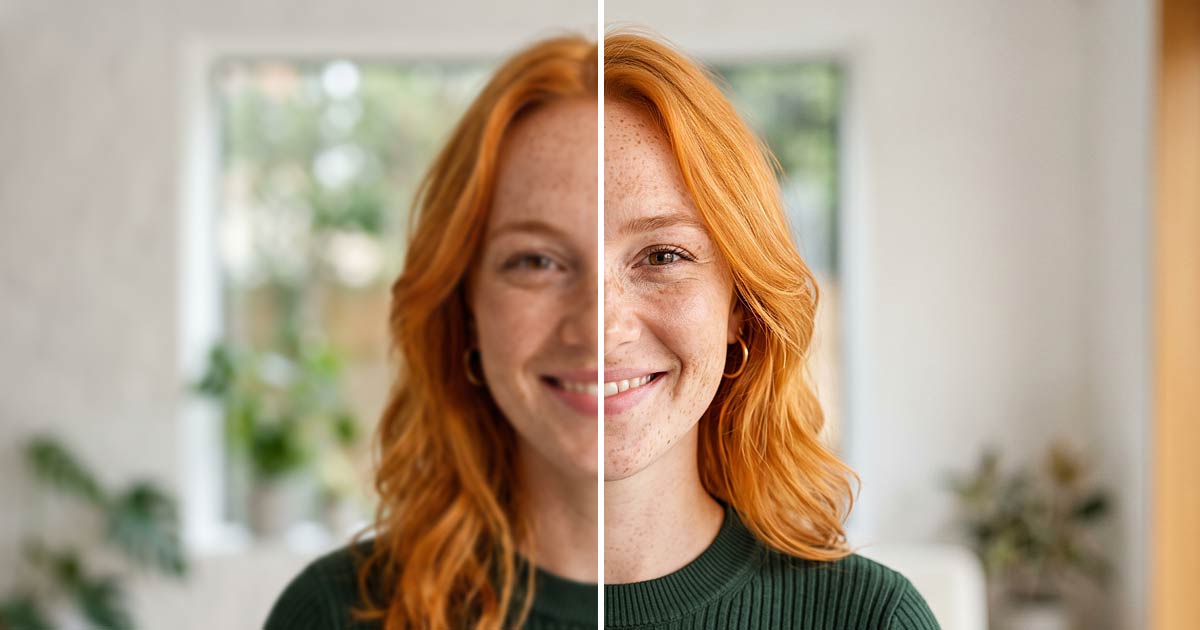 Portrait comparison showing a red-haired woman before and after image enlargement