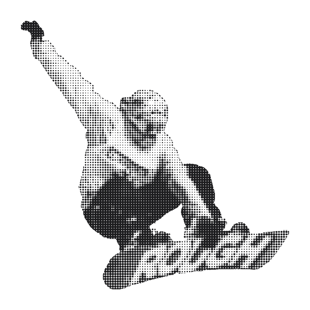 Jumping snowboarder rendered as black halftone dots