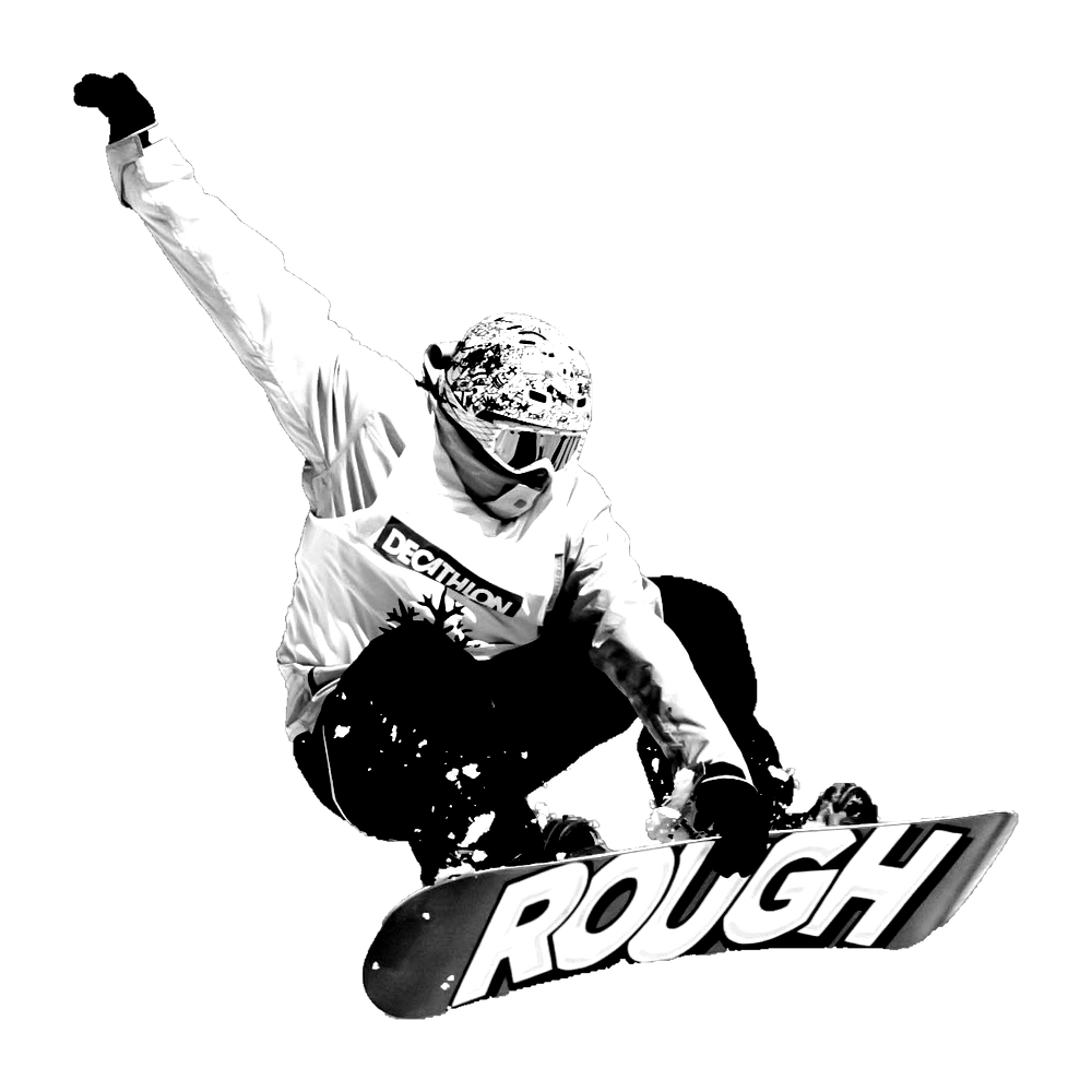Jumping snowboarder with a black-and-white noir filter