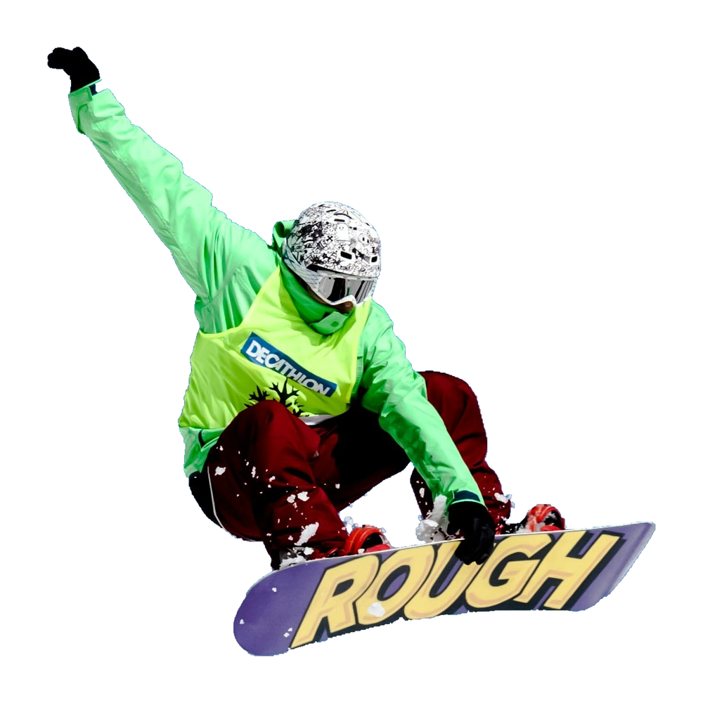 Snowboarder in a lime-green jacket jumping with a purple board, background removed
