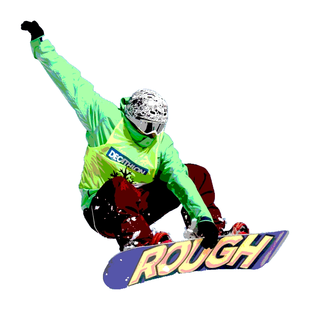 Jumping snowboarder with a posterize filter emphasising the lime-green jacket and purple board