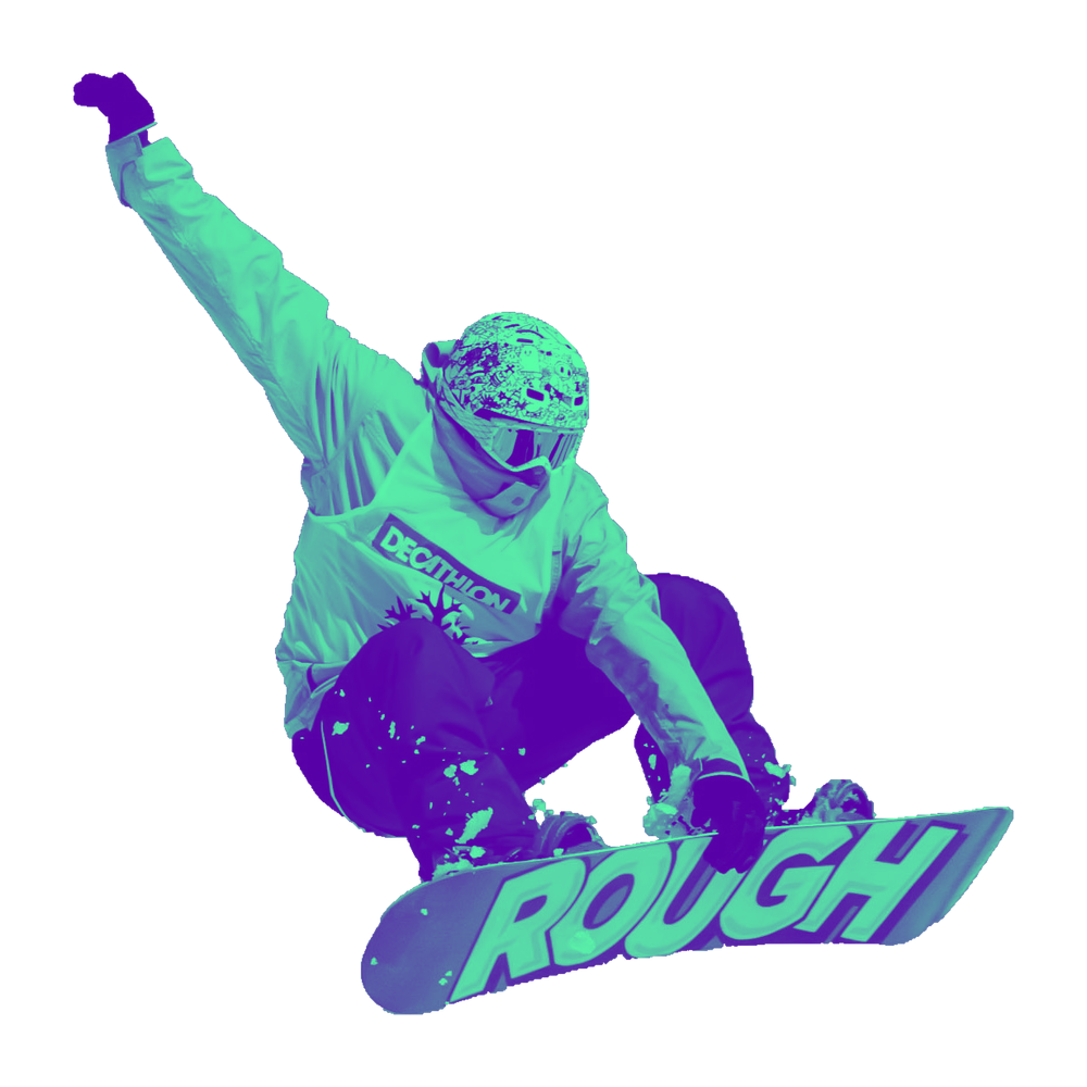 Jumping snowboarder in violet and mint duotone on coral orange