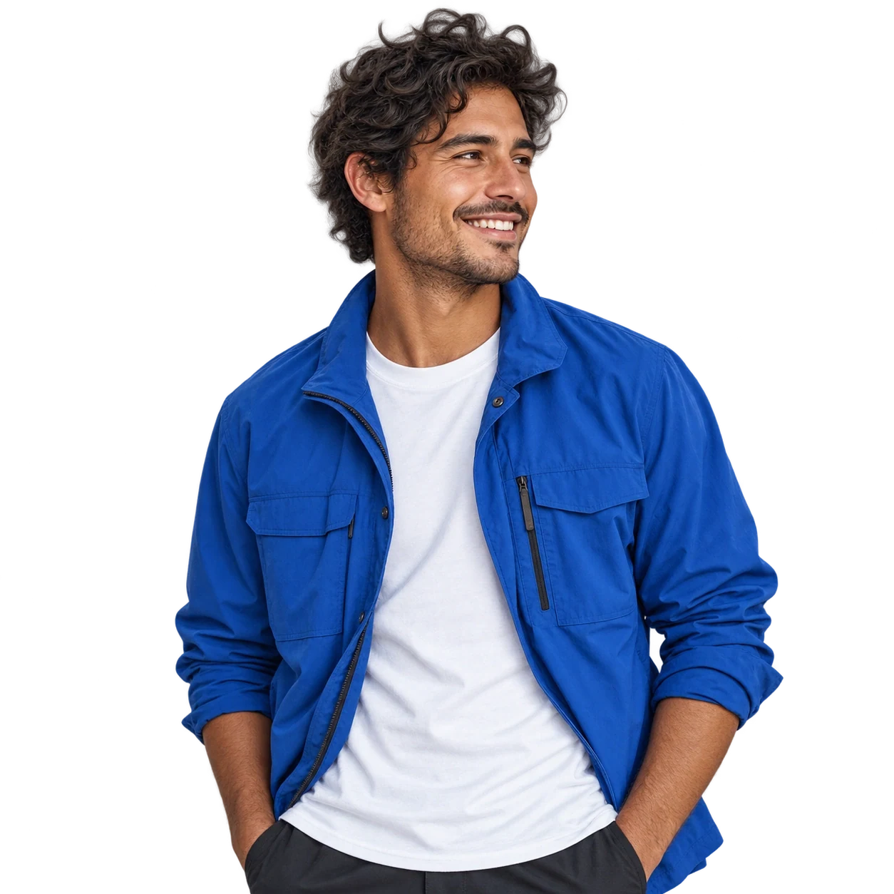 Man in a cobalt jacket with the background removed, ready for a new background