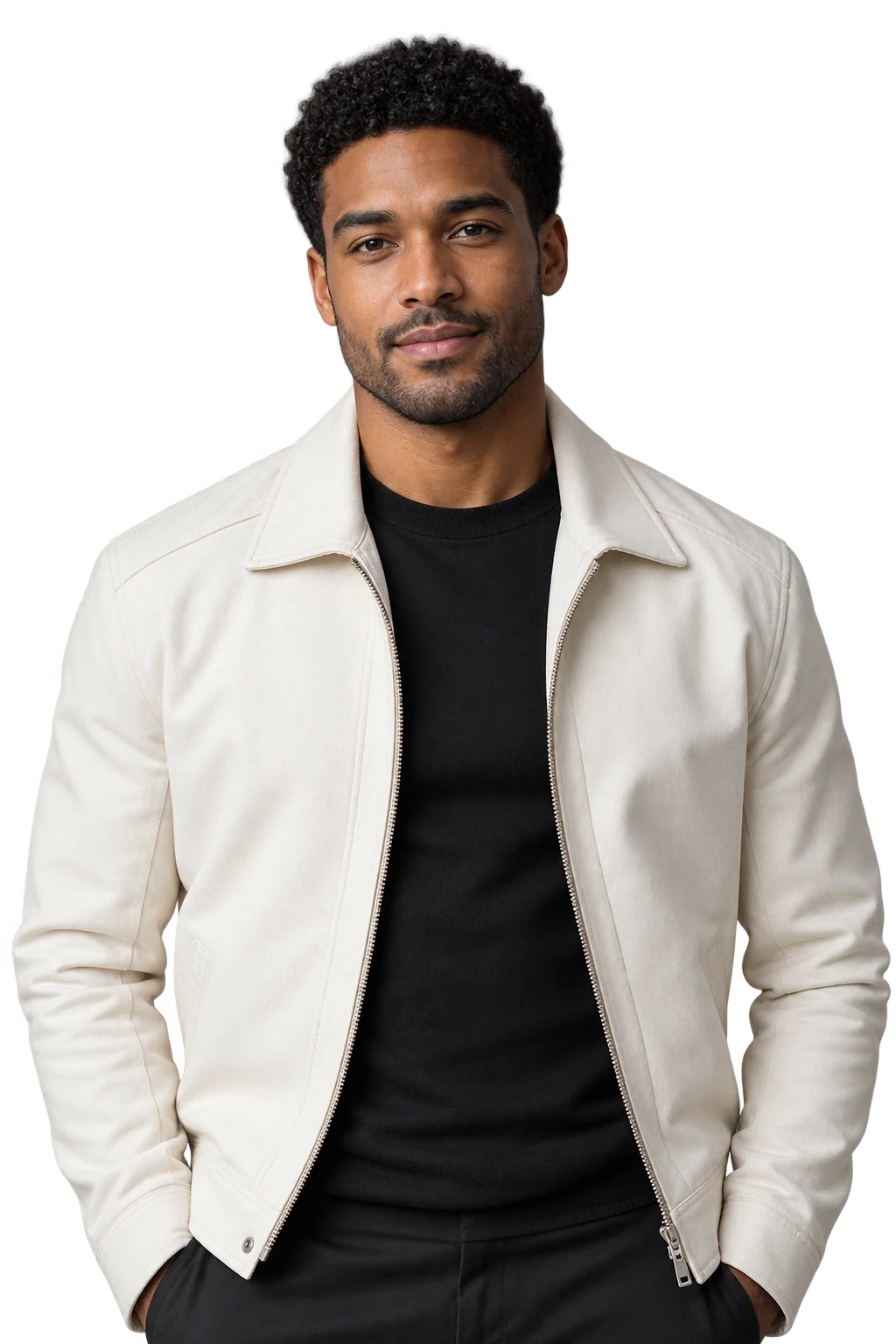 Man in a cream jacket with the background removed