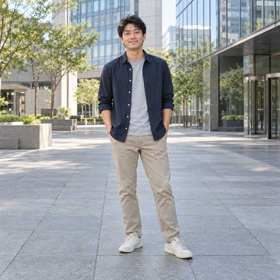 Man in a navy overshirt and beige trousers standing in a city plaza