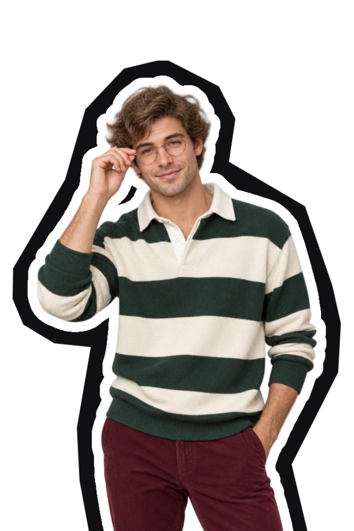 Man in a striped shirt with a white border and a rough black paper-cut edge