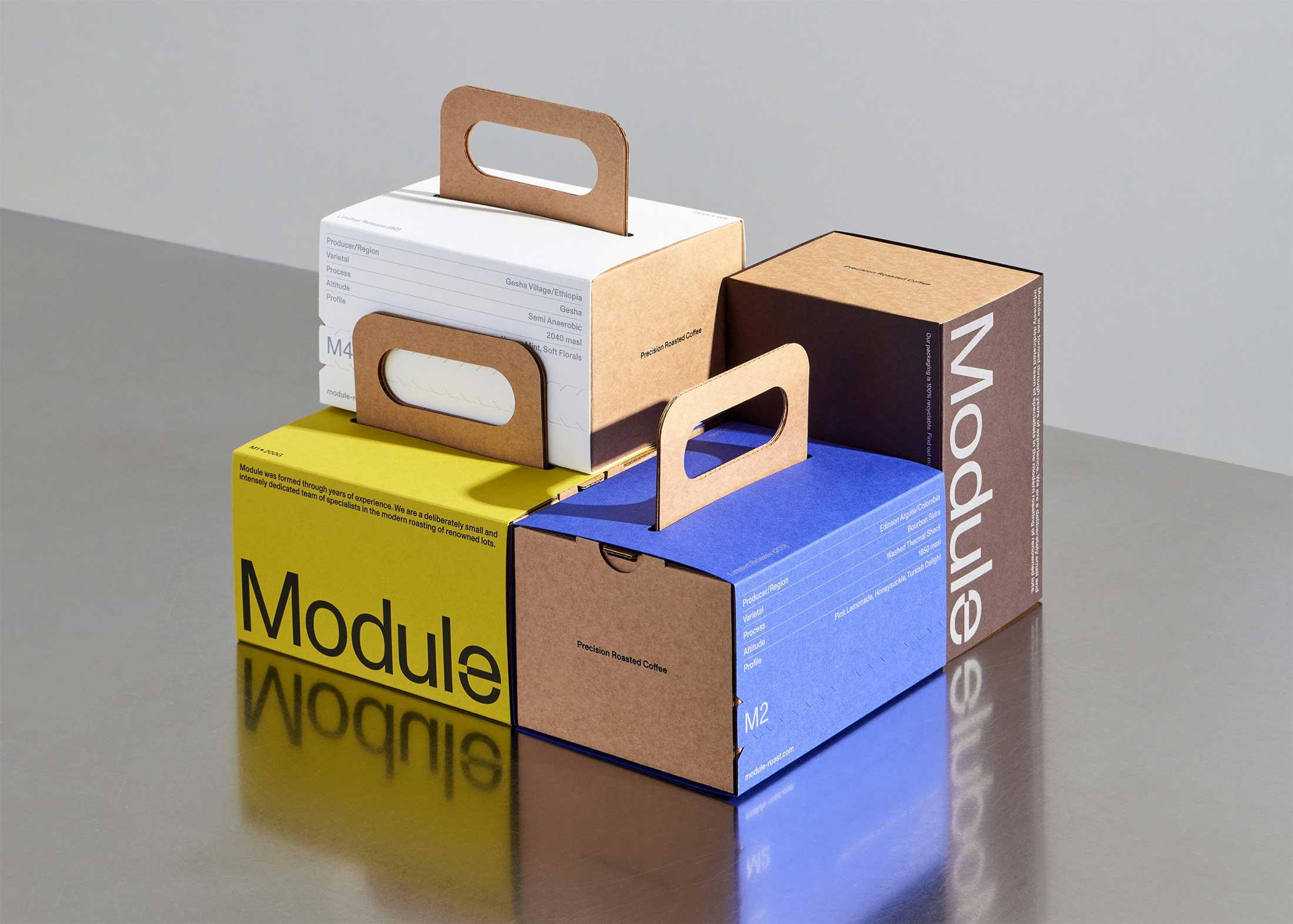Module specialty coffee boxes in white, yellow, blue, and brown with bold sans-serif Module wordmarks and structured spec labels