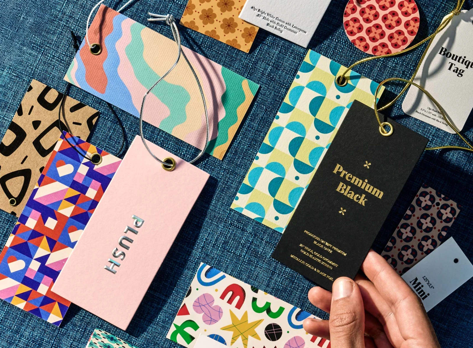 Selection of colorful hangtags in rectangular shapes.