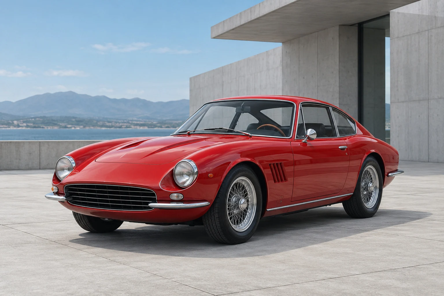 Red sports car on a sunlit waterfront terrace