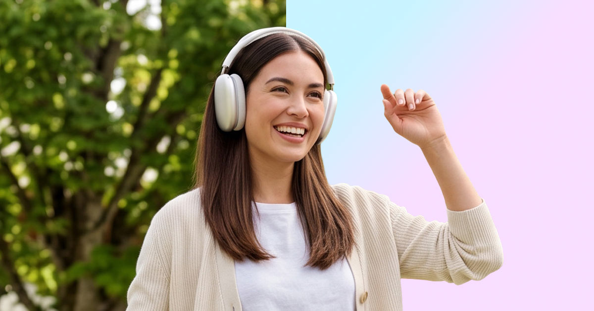 Woman wearing headphones, before and after background removal