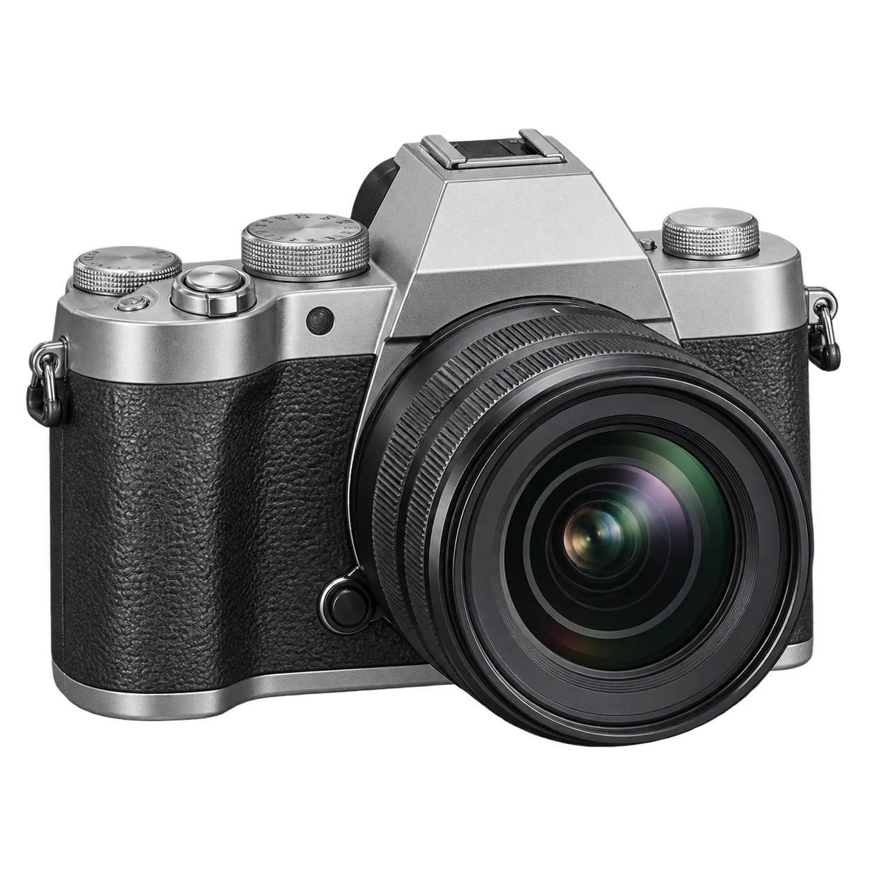 Silver-and-black camera with the background removed