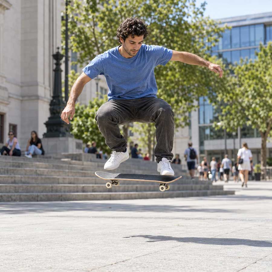 Skateboarder jumping above his board in a city plaza
