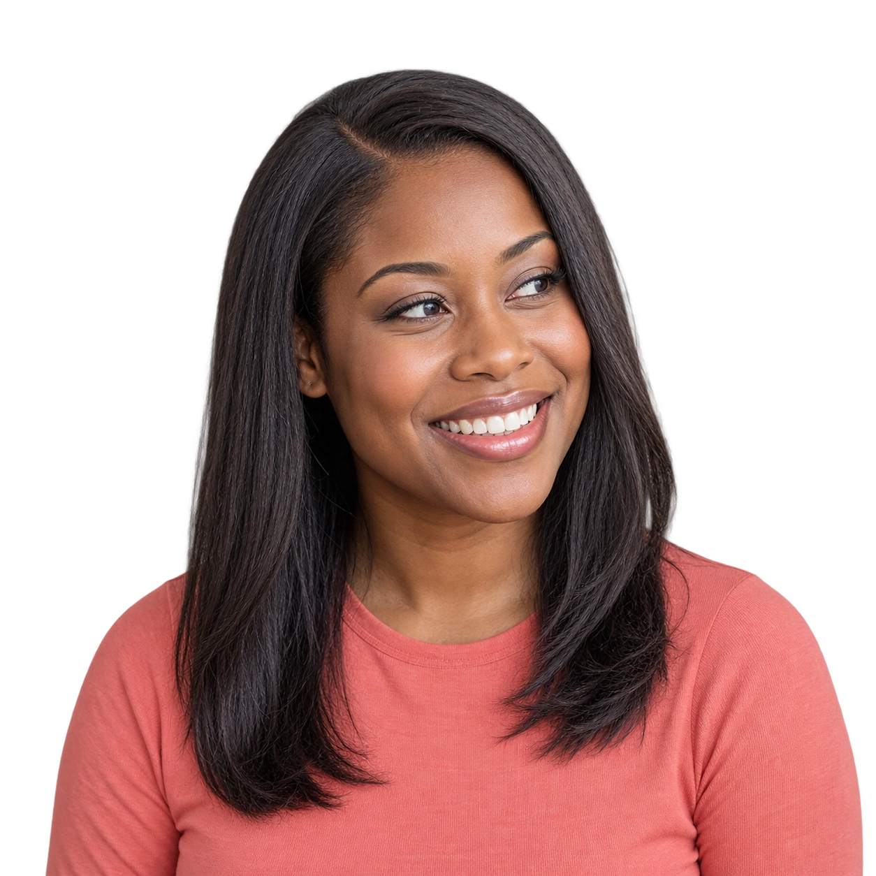 Smiling woman with straight dark hair looking away from the camera, with her background removed