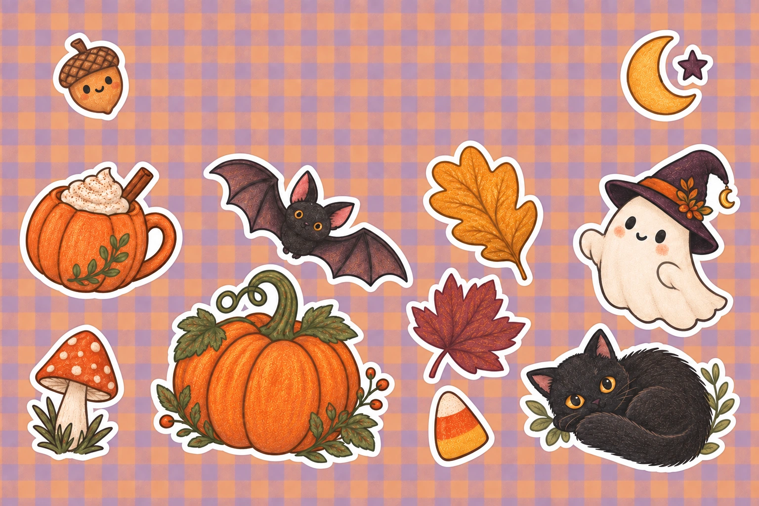 October Treats autumn sticker sheet with pumpkins, a witch-hat ghost, black cat, bat, leaves and a golden crescent moon.