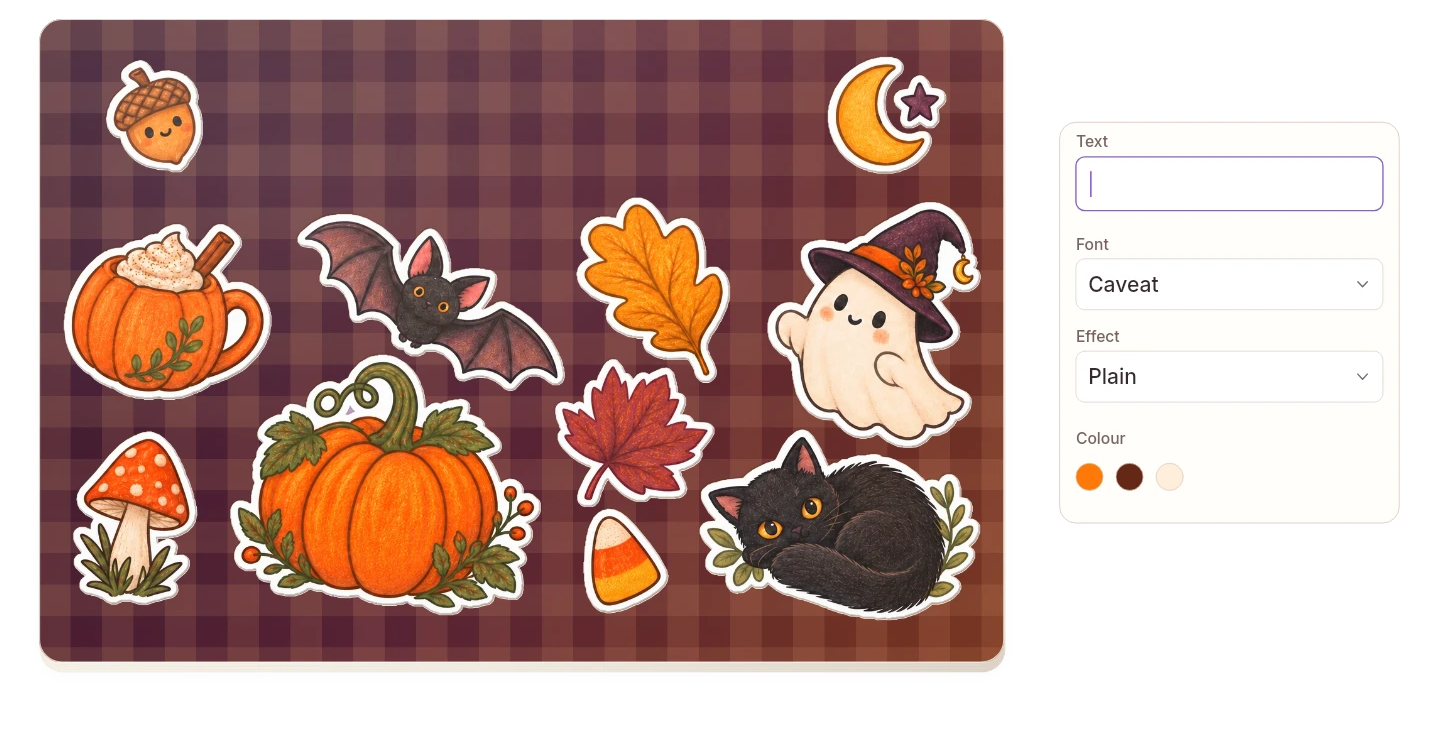 October Treats sticker sheet with orange 3D lettering and font and effect controls.