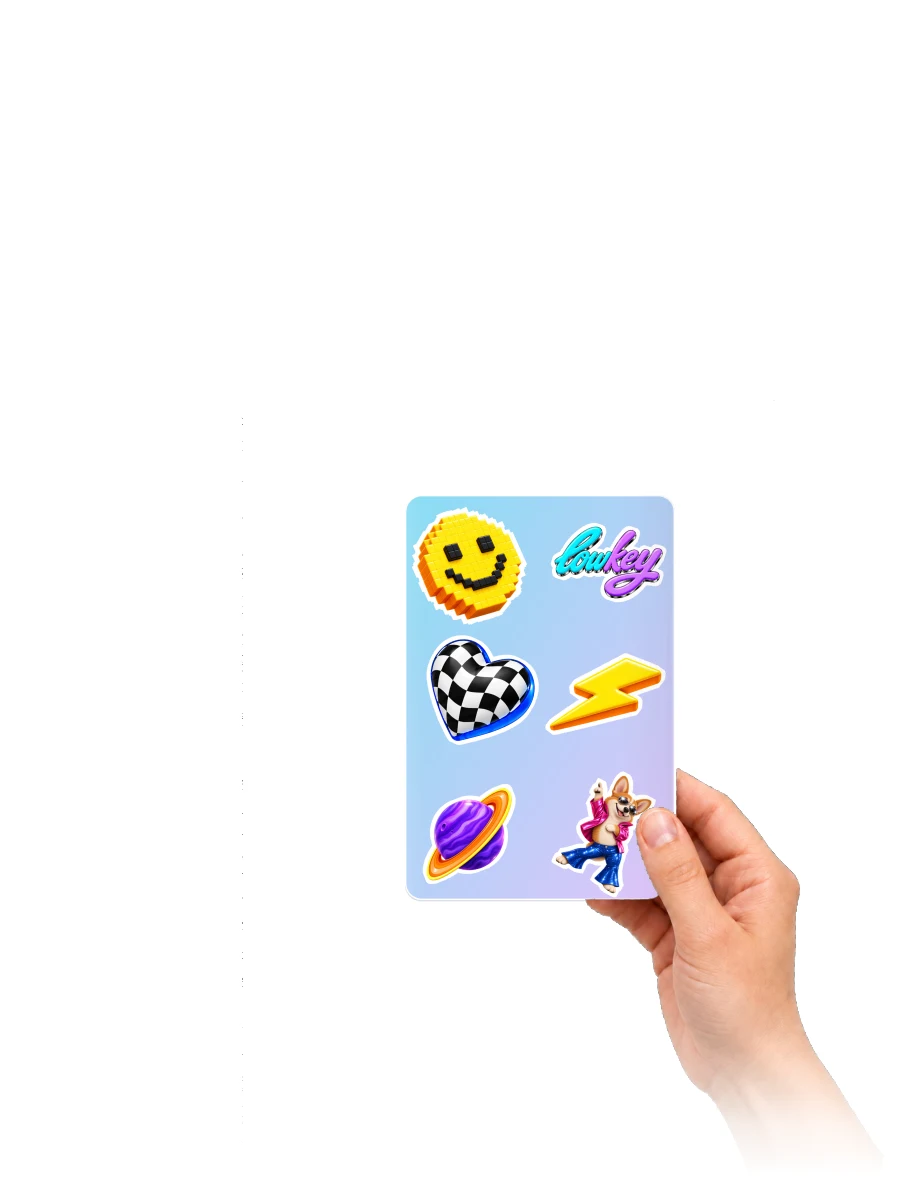 Hand holding a rounded 4 × 6 inch sticker sheet with large, angled designs on an aqua-to-lilac gradient.