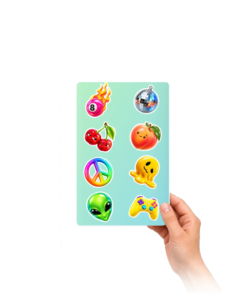 Hand holding a flexible 5.5 × 8.5 inch sticker sheet with eight colourful designs on a mint-to-aqua gradient.