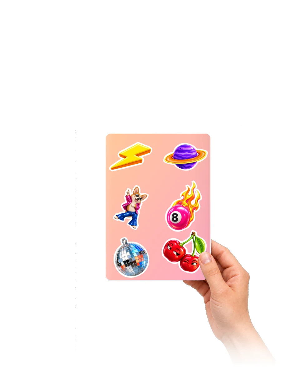 Rounded 5 × 7 inch sticker sheet held in one hand, with diagonal stickers on a peach-to-pink gradient.