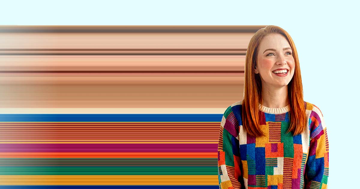 Woman beside horizontal bands of color created with a pixel stretch effect