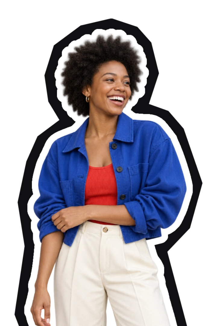 Woman in a blue shirt with a white border and a rough black paper-cut edge