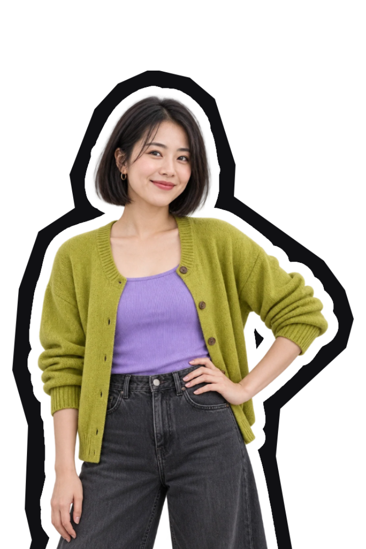 Woman in a green cardigan with a white border and a rough black paper-cut edge