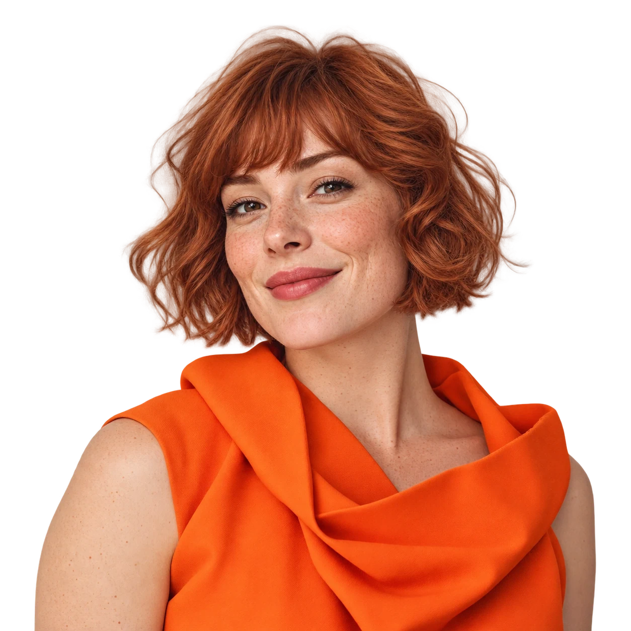 Portrait of a woman with red hair and an orange blouse, with the background removed.