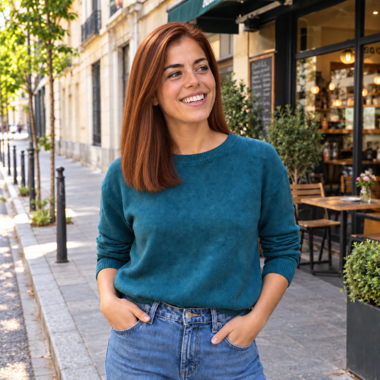 Woman with straight auburn hair and a teal sweater outside a café
