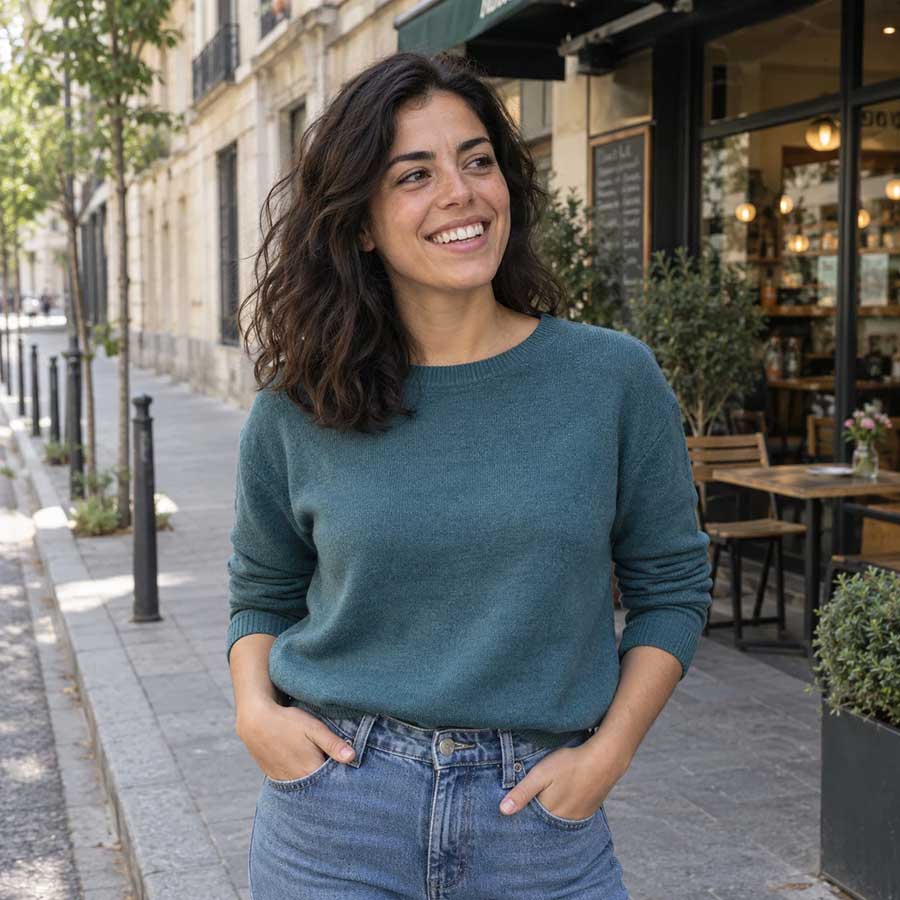 Woman in a teal sweater standing outside a café