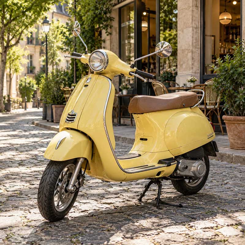Yellow scooter parked outside a neighbourhood café